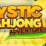Mystic Mahjong Adventures -teksti keltaisella taustalla, jossa vihreitä lehtiä ja mahjong-laatta, jossa on sininen rapu