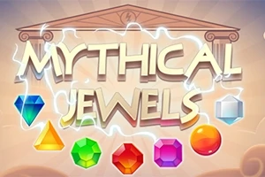 Mythical Jewels -teksti, taustalla temppelirakennus ja erilaisia värikkäitä jalokiviä