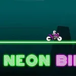 Värikäs neon-moottoripyörä vihreällä viivalla tummalla taustalla ja alhaalla värikäs teksti NEON BIKER