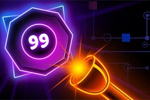 Hehkuva oranssi pallo ampuu kohti purppuraa kahdeksankulmioita, jossa on numero 99, tummalla taustalla