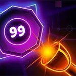 Hehkuva oranssi pallo ampuu kohti purppuraa kahdeksankulmioita, jossa on numero 99, tummalla taustalla