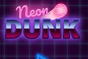Neonvärein hehkuva koripalloteemainen kuva, jossa lukee Neon Dunk ja taustalla on sininen ruudukko