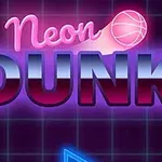 Neonvärein hehkuva koripalloteemainen kuva, jossa lukee Neon Dunk ja taustalla on sininen ruudukko