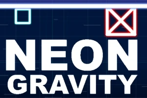 Sinisellä taustalla on valkoiset sanat NEON GRAVITY ja kaksi värillistä neliötä yläreunassa, joista toinen on vihreä ja toinen punainen