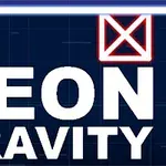 Sinisellä taustalla on valkoiset sanat NEON GRAVITY ja kaksi värillistä neliötä yläreunassa, joista toinen on vihreä ja toinen punainen