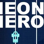 Tekstissä lukee NEON HERO ja sen alapuolella on pieni, sininen neon-hahmo tummalla taustalla