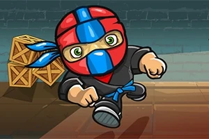 Punaisessa ja sinisessä naamiossa oleva sarjakuvatyylinen ninja juoksee laatikoiden vieressä