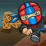 Punaisessa ja sinisessä naamiossa oleva sarjakuvatyylinen ninja juoksee laatikoiden vieressä