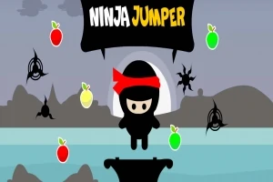 Ninja-hahmo punaisella pääpannalla seisoo laudalla, ympärillään shuriken-tähtiä ja värikkäitä hedelmiä