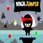 Ninja-hahmo punaisella pääpannalla seisoo laudalla, ympärillään shuriken-tähtiä ja värikkäitä hedelmiä