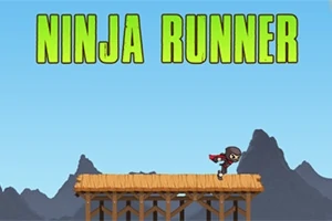 Tekstillä Ninja Runner varustettu kuva, jossa ninja juoksee puualustalla vuoristotaustalla