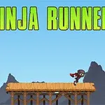 Tekstillä Ninja Runner varustettu kuva, jossa ninja juoksee puualustalla vuoristotaustalla