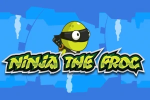 Vihreä sammakko mustalla ninja-naamarilla sinisellä taustalla, jossa teksti Ninja The Frog