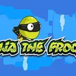 Vihreä sammakko mustalla ninja-naamarilla sinisellä taustalla, jossa teksti Ninja The Frog