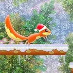 Orava, jolla on jouluhattu, hyppää keräämään tammenterhoa lumisessa metsässä