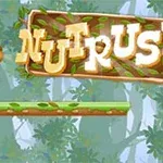 Orava hyppää alustalle metsäisessä ympäristössä, ja yläpuolella on teksti NUT RUSH