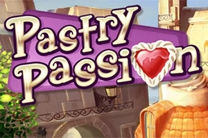 Violetti kyltti, jossa lukee Pastry Passion, sydämen muotoinen piirakka korostuksena ja taustalla pastellivärisiä rakennuksia