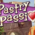 Violetti kyltti, jossa lukee Pastry Passion, sydämen muotoinen piirakka korostuksena ja taustalla pastellivärisiä rakennuksia