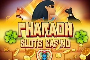 Faaraon muotokuva eriävien kissapatsaiden ja kolikoiden ympäröimänä, keskellä teksti Pharaoh Slots Casino