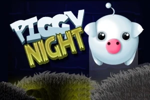 Valkoinen, pyöreä possu, jolla on antenni päässään, tummalla taustalla ja teksti Piggy Night