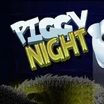 Valkoinen, pyöreä possu, jolla on antenni päässään, tummalla taustalla ja teksti Piggy Night