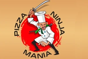 Pizza-kokki ninja-asennossa miekka kädessä, ympärillä teksti Pizza Ninja Mania