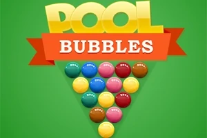 Kolmion muotoon asetellut värikkäät pallot vihreällä taustalla, yläpuolella teksti POOL BUBBLES