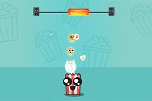 Piirroskuva, jossa on hymyilevä popcorniastia täynnä popcorneja, ja yläpuolella on popcorneja leijumassa sekä lämmitin