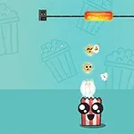 Piirroskuva, jossa on hymyilevä popcorniastia täynnä popcorneja, ja yläpuolella on popcorneja leijumassa sekä lämmitin