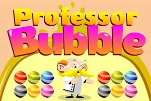 Sarjakuvamainen professori, jolla on vaaleanpunainen parta ja lasit, seisoo värikkäiden pallojen edessä kirjava tausta takanaan