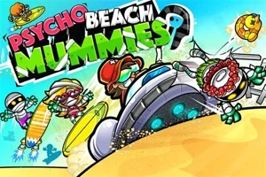 Sarjakuvamaiset muumiot rannalla, värikkäitä hahmoja hyppäämässä ja surffaamassa hiekkadyynillä veden äärellä