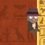 Mies, jolla on ruskea hattu ja harmaa parta, roikkuu keltaisessa pilarissa, taustalla näkyy hieroglyfejä