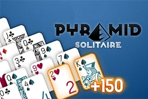 Pelissä sekoitetut pelikortit, joissa näkyy numeroita ja symboleja, sekä PYRAMID SOLITAIRE -teksti sinisellä taustalla