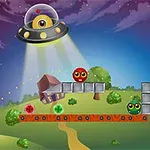 UFO levitoimassa pallohahmoja ja talon iltataivaan alla värikkäässä piirrosmaisemassa