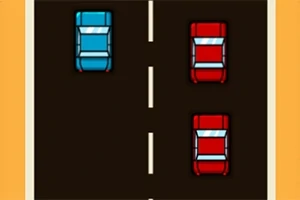 Sininen auto ja kaksi punaista autoa ajavat kaksikaistaisella tiellä