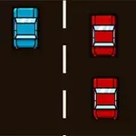 Sininen auto ja kaksi punaista autoa ajavat kaksikaistaisella tiellä
