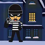 Sarjakuvamainen naamioitu varas tummassa asussa ja raidallisessa paidassa seisoo talon edessä yöllä