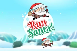 Sarjakuvatyylinen kuva joulupukista juoksemassa lumisessa maisemassa, taustalla sininen taivas ja lumihuippuisia vuoria sekä teksti Run Santa!