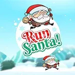 Sarjakuvatyylinen kuva joulupukista juoksemassa lumisessa maisemassa, taustalla sininen taivas ja lumihuippuisia vuoria sekä teksti Run Santa!
