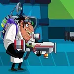 Kaksi sarjakuvamaista hahmoa vastakkain, toinen tieteilijä varustettuna futuristisella aseella ja toinen sotilas, jolla on kaasunaamari ja musta pipo