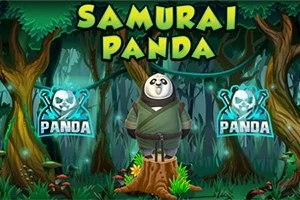 Samuraipukuinen panda seisoo kannolla metsässä, ja taustalla on vihreitä puita sekä kaksi kallokuvitusta
