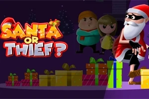 Joulupukki varastamassa lahjoja, taustalla kaksi hahmoa ja teksti Santa or Thief?