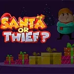 Joulupukki varastamassa lahjoja, taustalla kaksi hahmoa ja teksti Santa or Thief?