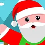 Piirrosmainen joulupukki lumisessa maisemassa, taustalla vuoria ja havupuita