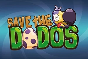 Sarjakuvamainen dodo-lintu hauskalla ilmeellä ja suuri muna vihreiden ja ruskeiden kirjainten keskellä sinisellä taustalla