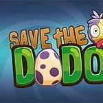 Sarjakuvamainen dodo-lintu hauskalla ilmeellä ja suuri muna vihreiden ja ruskeiden kirjainten keskellä sinisellä taustalla