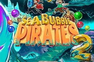 Meriteemainen kuvitus, jossa lukee Sea Bubble Pirates 2 ja taustalla on piraattihahmoja sekä värikkäitä palloja