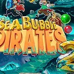 Meriteemainen kuvitus, jossa lukee Sea Bubble Pirates 2 ja taustalla on piraattihahmoja sekä värikkäitä palloja
