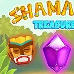 Värikäs kuva, jossa on kaksi puista naamaria, suuri violetti jalokivi ja teksti Shamans Treasure