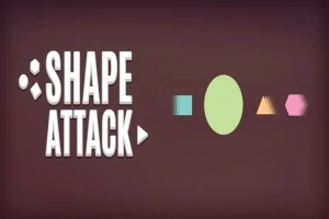 Teksti SHAPE ATTACK vasemmalla ja värikkäitä geometrisia muotoja oikealla ruskealla taustalla